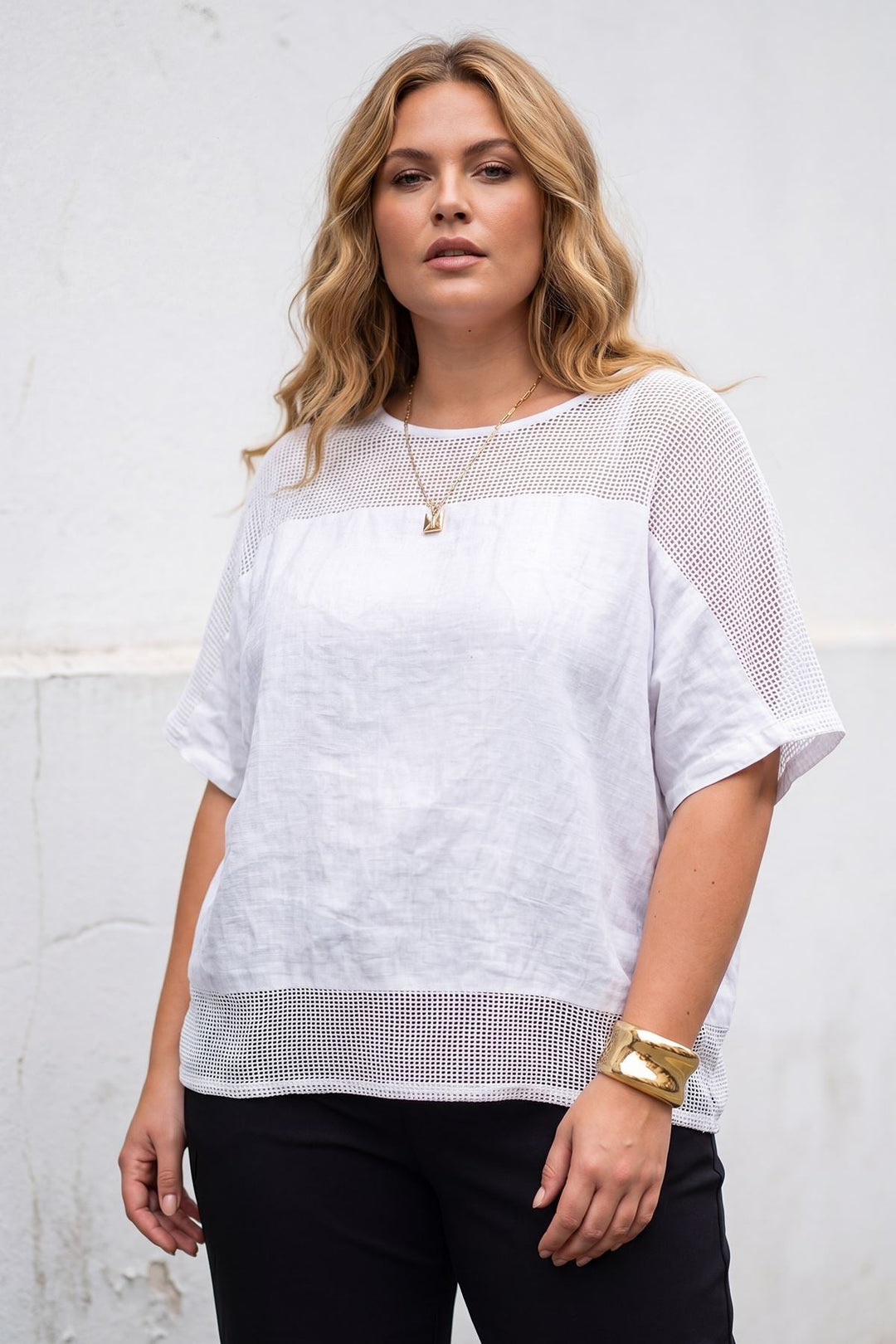 Textured Mesh Panel Tunic Cotton Top — White
