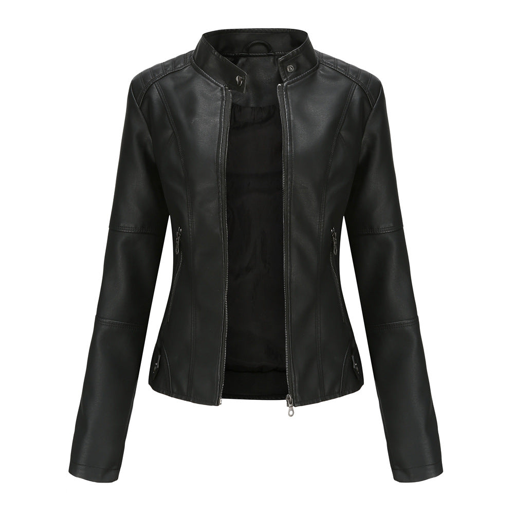 Collarless Biker Jacket in Genuine Leather for Women