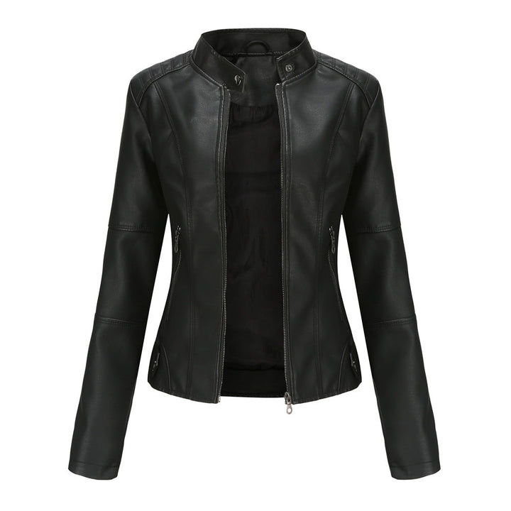 Collarless Biker Jacket in Genuine Leather for Women