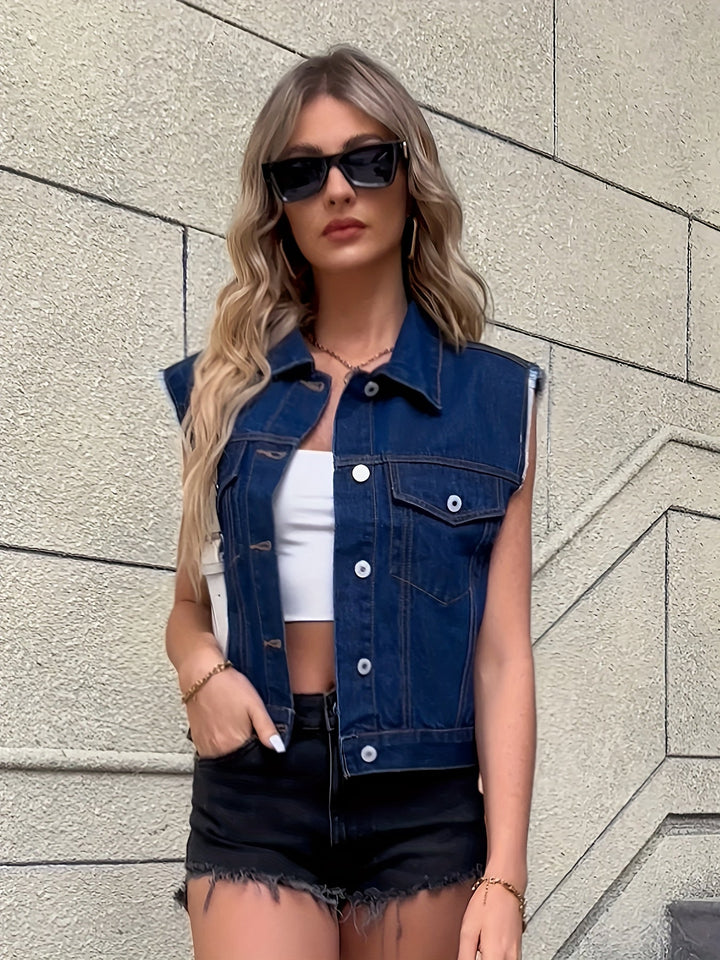 Sleeveless Denim Jacket with Flap Pockets
