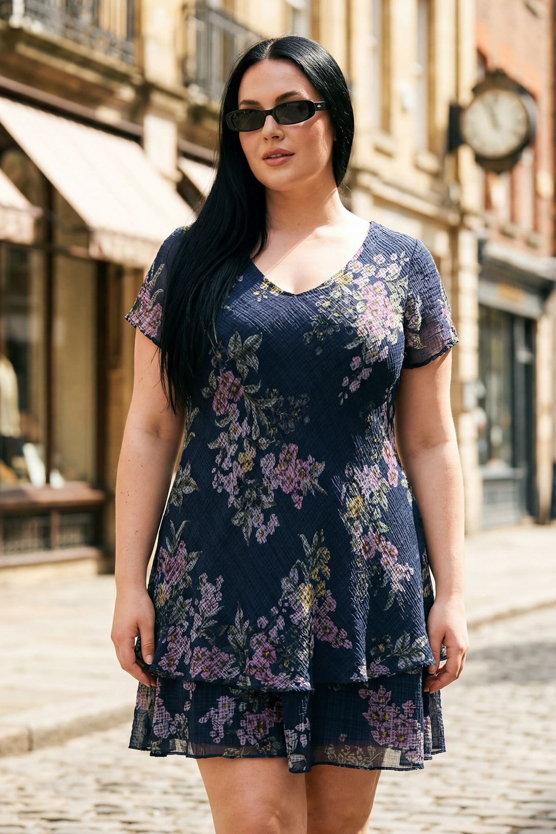 Floral Print Layered Hem Cotton Dress — Navy Blue