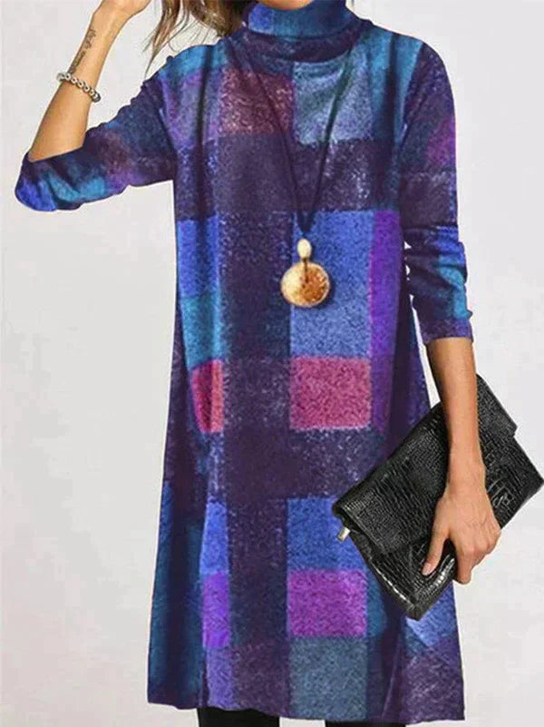 Checkered Turtleneck Dress with Close-Ribbed Collar
