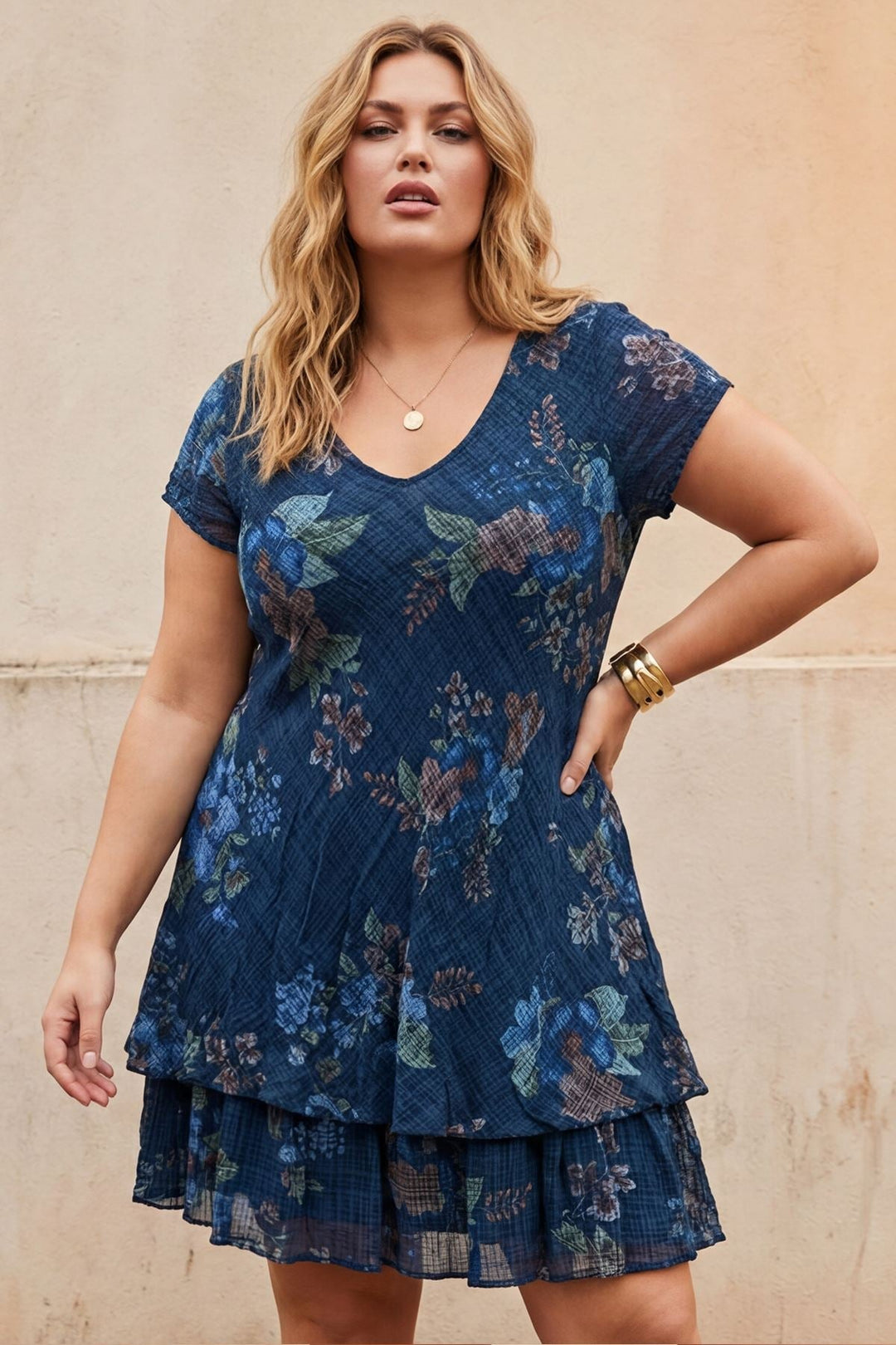 Flower Print Flared Hem Cotton Dress — Navy Blue