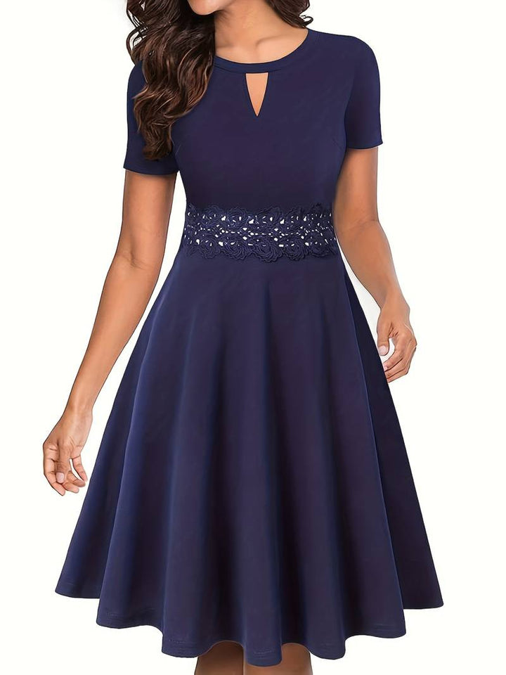 Blue Lace Accent Dress with Tailored Waist