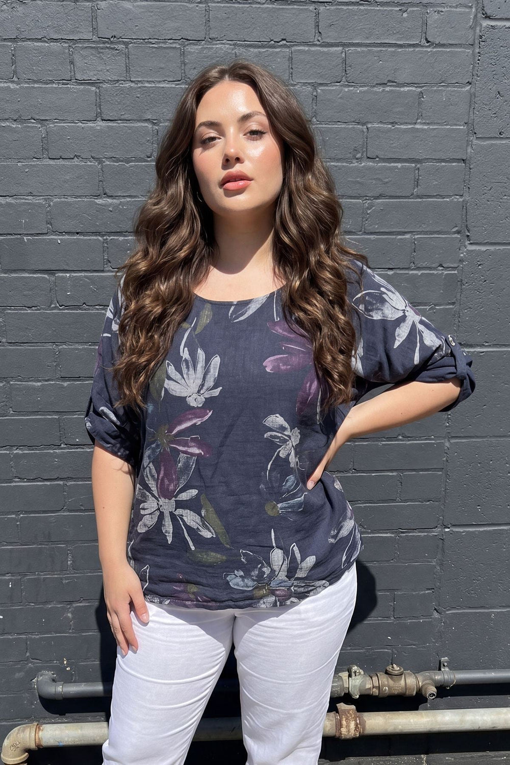 Floral Print Oversized Tunic Cotton Top for Women - Navy Blue