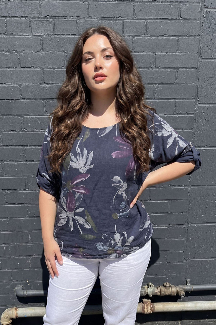Floral Print Oversized Tunic Cotton Top for Women - Navy Blue