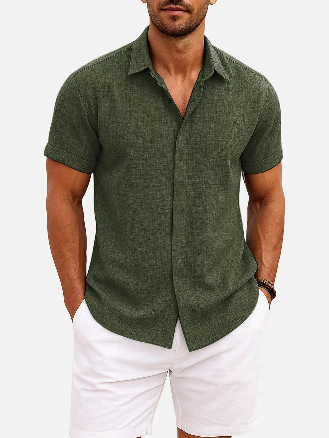 Linen Cotton Blend Short Sleeve Shirt for Men - Army Green