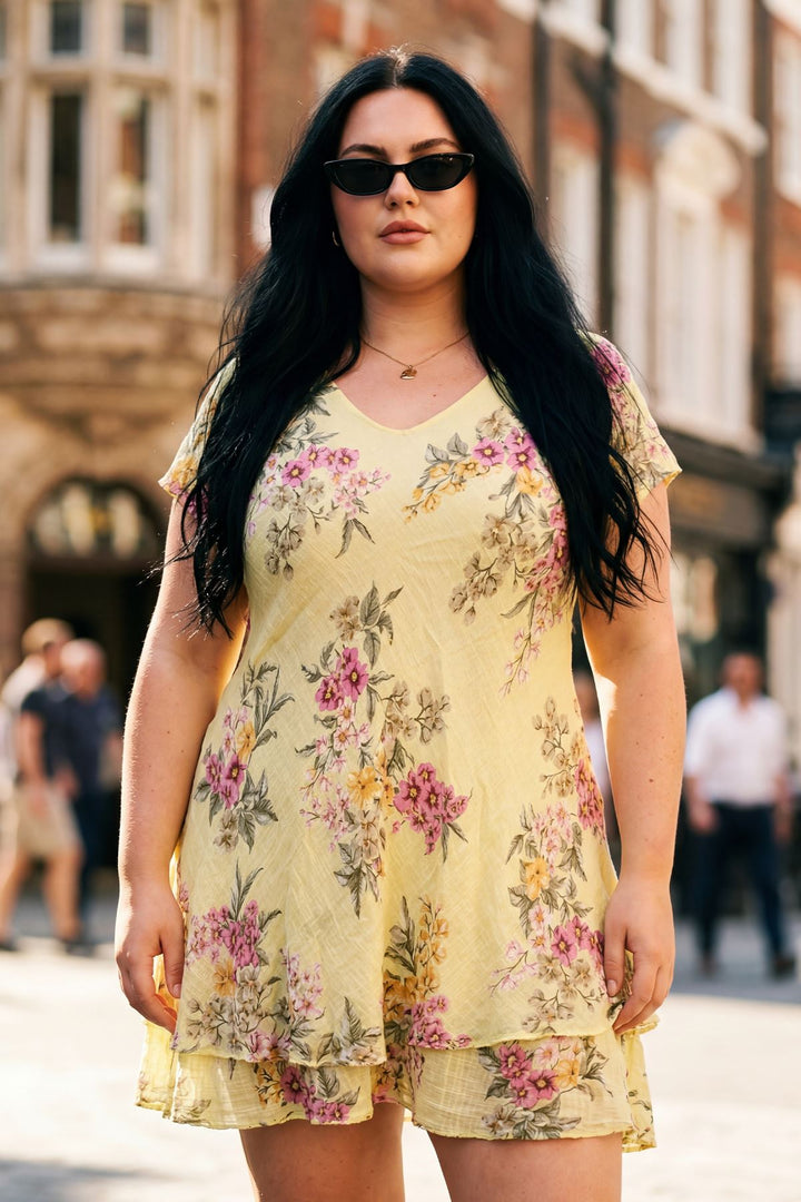 Floral Print Layered Hem Cotton Dress — Lemon