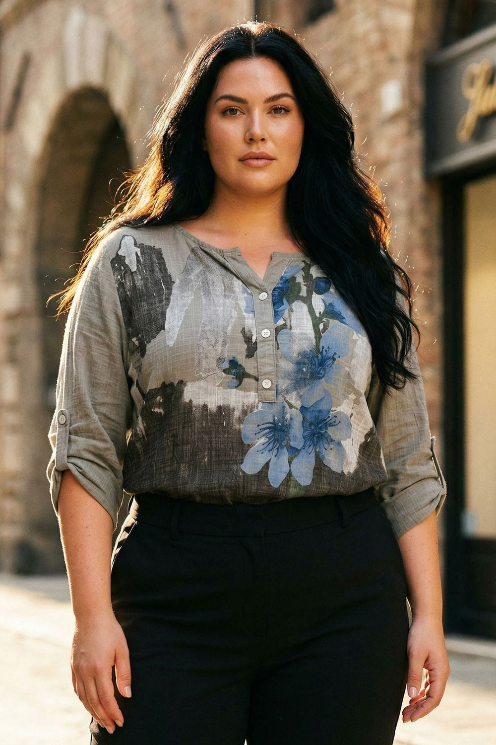 Abstract Floral Button Detail Tunic Cotton Top — gallery