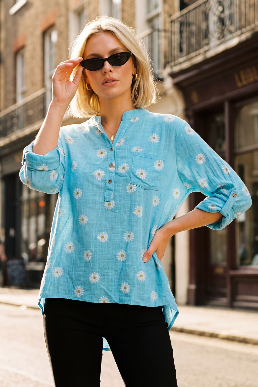 Daisy Flower Print Tunic Cotton Top — Turquoise