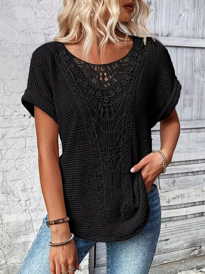 Lace Trim Stretch Tee with Neckline Detail