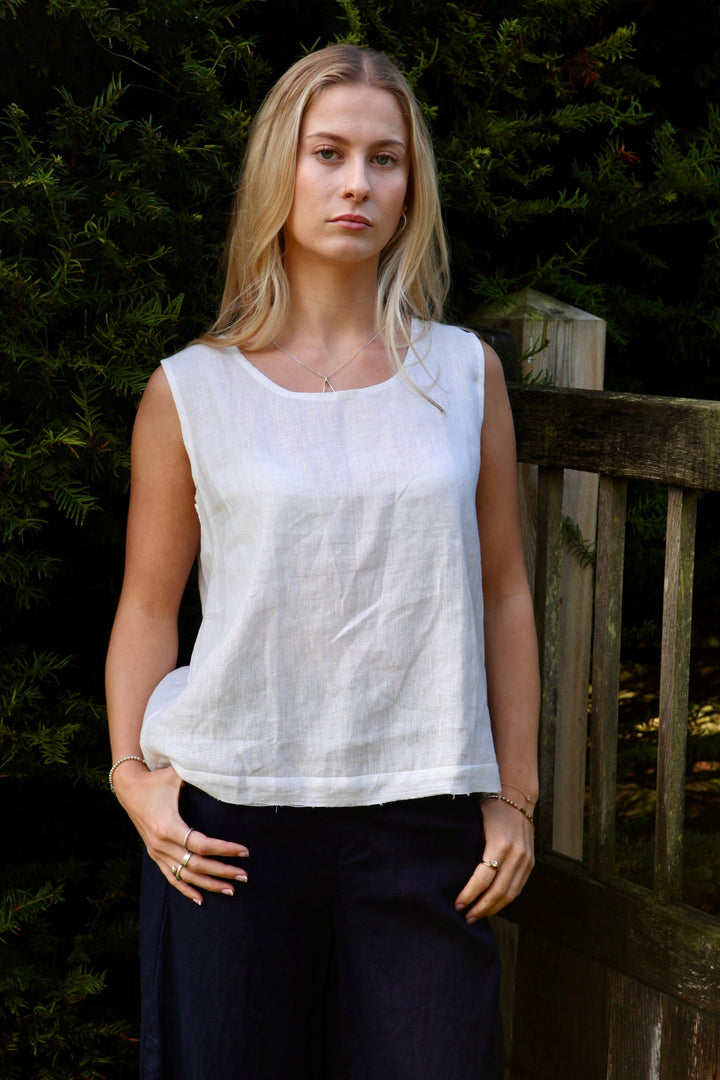 Aimie Linen Top | Linen Back Detail Top — Oyster White