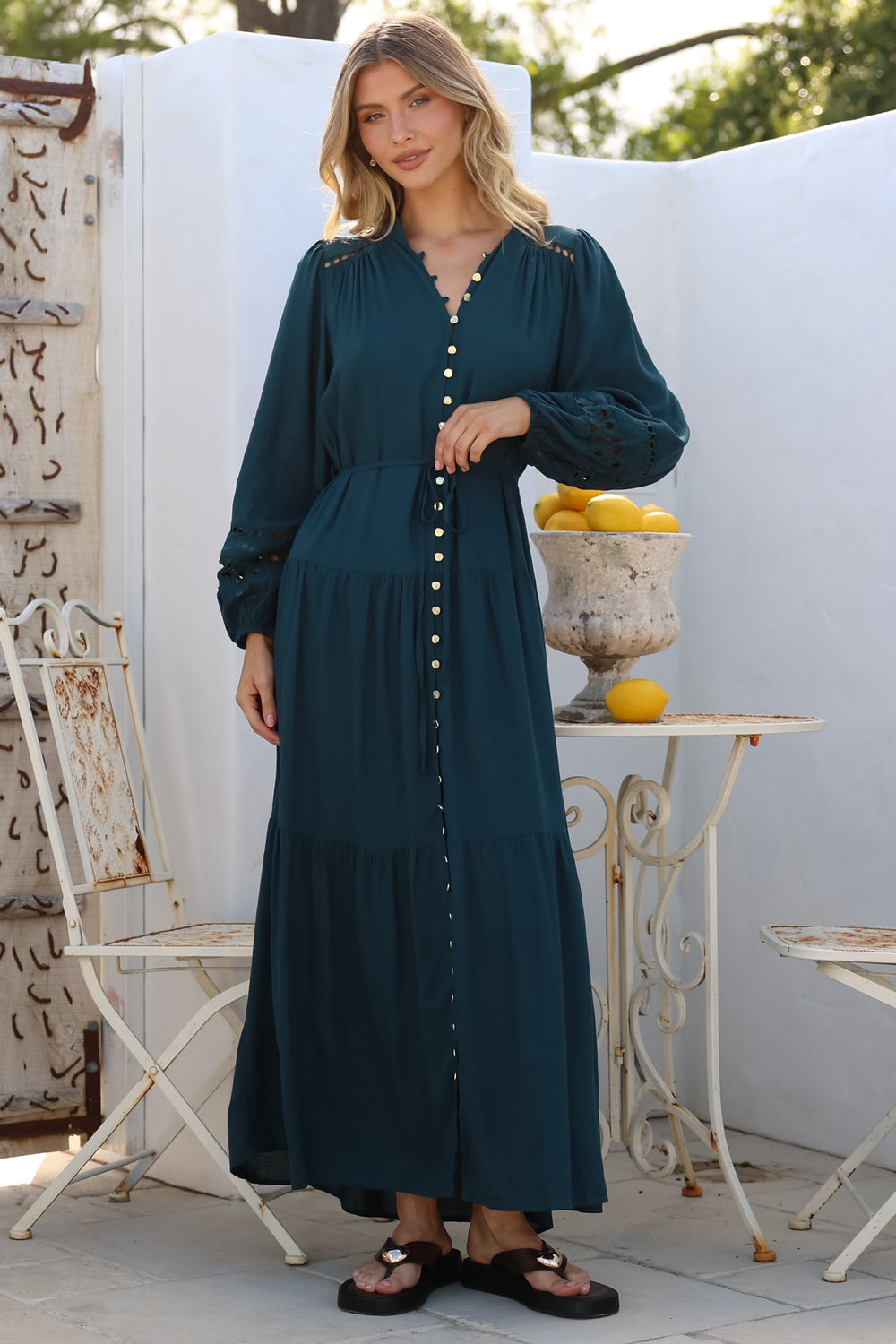 Alyce Maxi Dress - Mandarin Collar Button Down with Detachable Waist Tie... — gallery