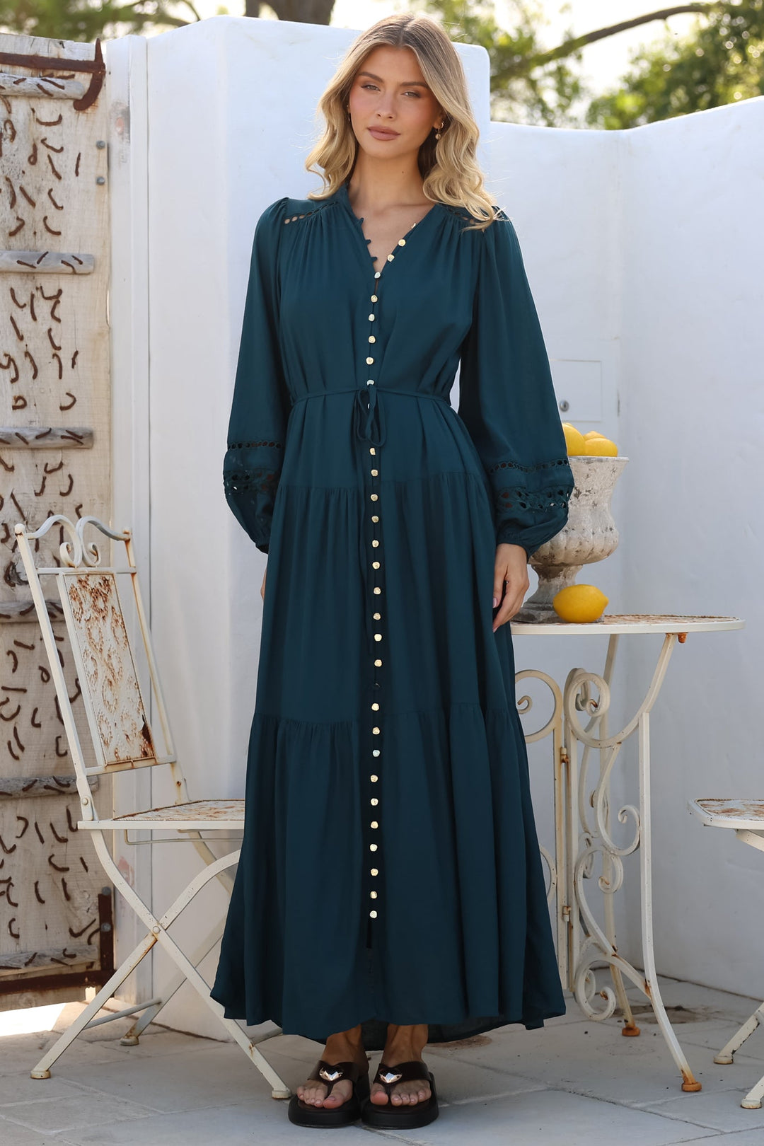 Alyce Maxi Dress - Mandarin Collar Button Down with Detachable Waist Tie... — gallery