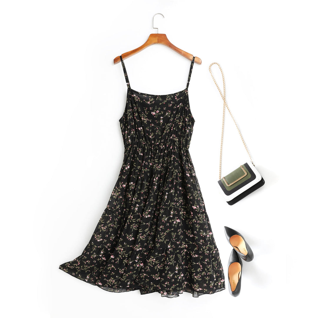 Andrea Floral Print V Neck Chiffon Camisole Spaghetti Sleeveless Midi Dress — gallery