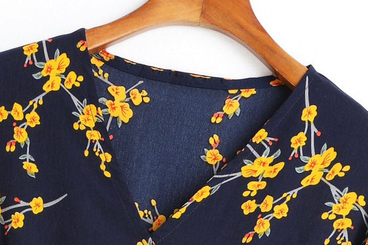 Anne Blue Floral V Neck Wrap Neck Bell Sleeve Tier Mid Sleeve Dress — gallery