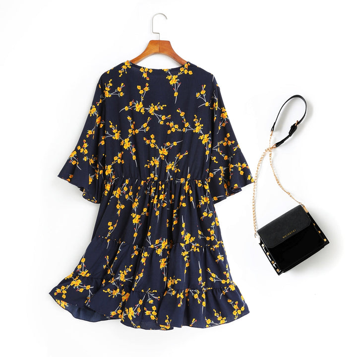 Anne Blue Floral V Neck Wrap Neck Bell Sleeve Tier Mid Sleeve Dress — gallery