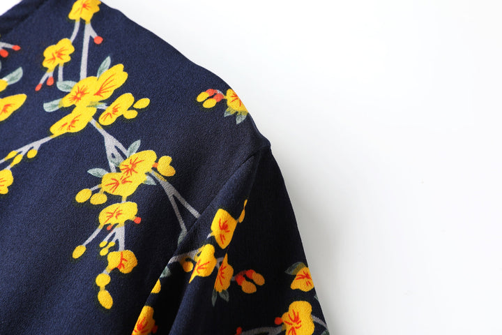 Anne Blue Floral V Neck Wrap Neck Bell Sleeve Tier Mid Sleeve Dress — gallery