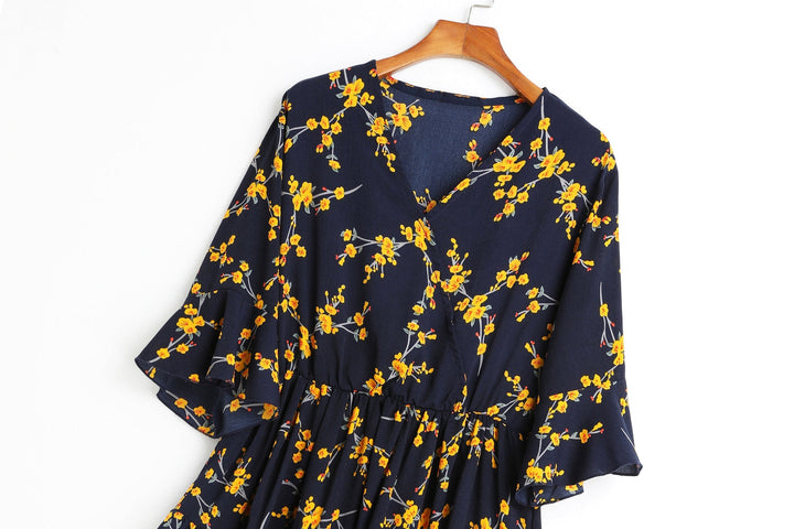 Anne Blue Floral V Neck Wrap Neck Bell Sleeve Tier Mid Sleeve Dress — gallery