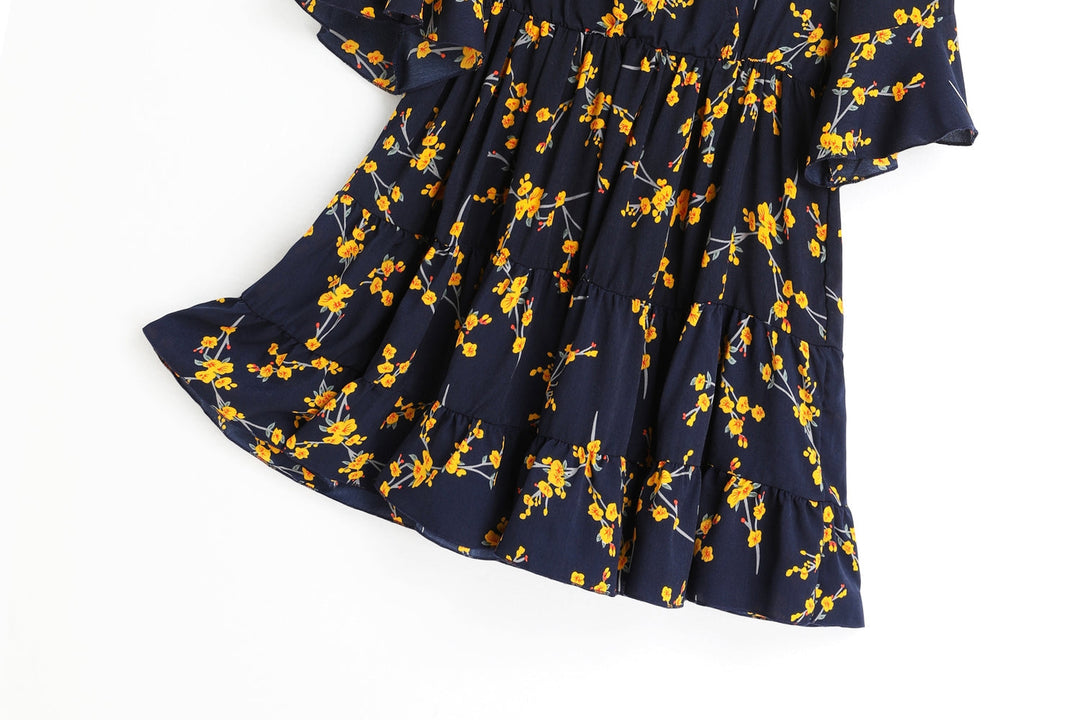 Anne Blue Floral V Neck Wrap Neck Bell Sleeve Tier Mid Sleeve Dress — gallery