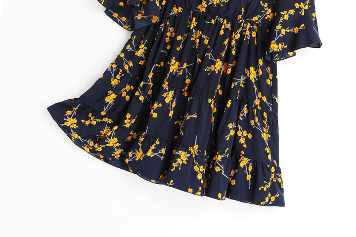 Anne Blue Floral V Neck Wrap Neck Bell Sleeve Tier Mid Sleeve Dress — gallery