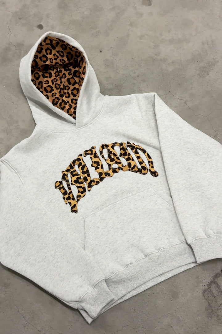 Leopard Lined Embroidered Letter Hoodie for Women - White