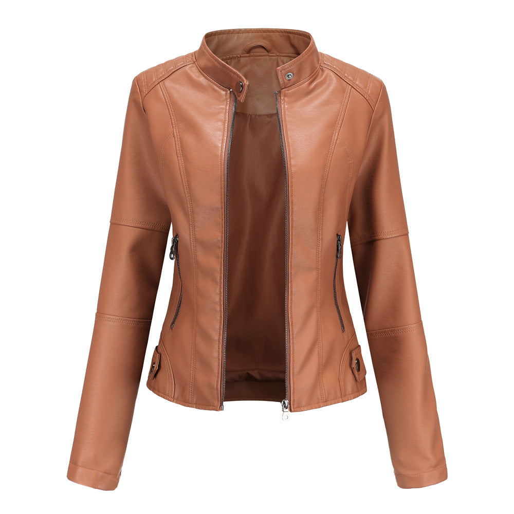 Collarless Biker Jacket in Genuine Leather for Women