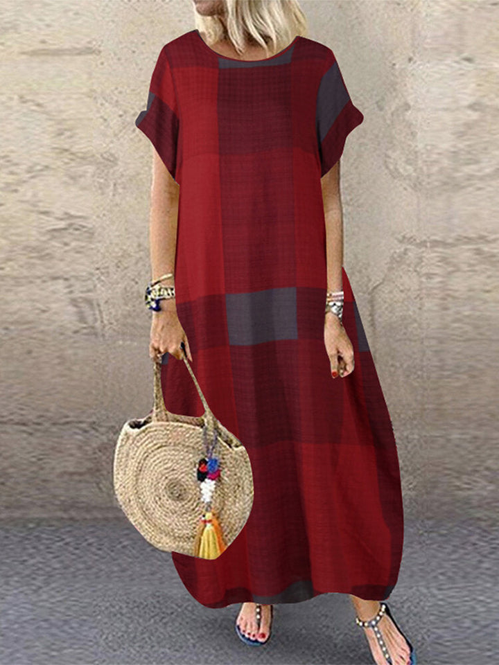 Plaid Short Sleeve Crew Neck Pocket Baggy Vintage Long Maxi Dress for Women - Wine Red