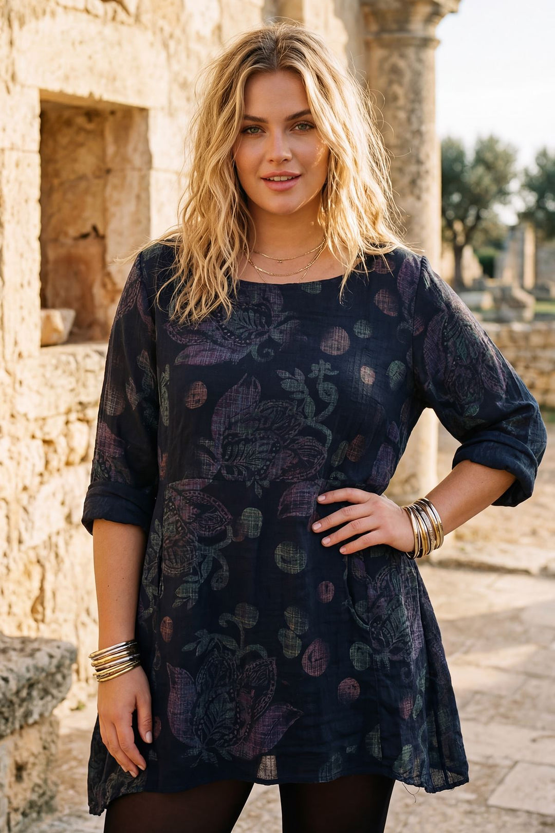 Floral Print Flowy Hem Oversized Cotton Top — Black