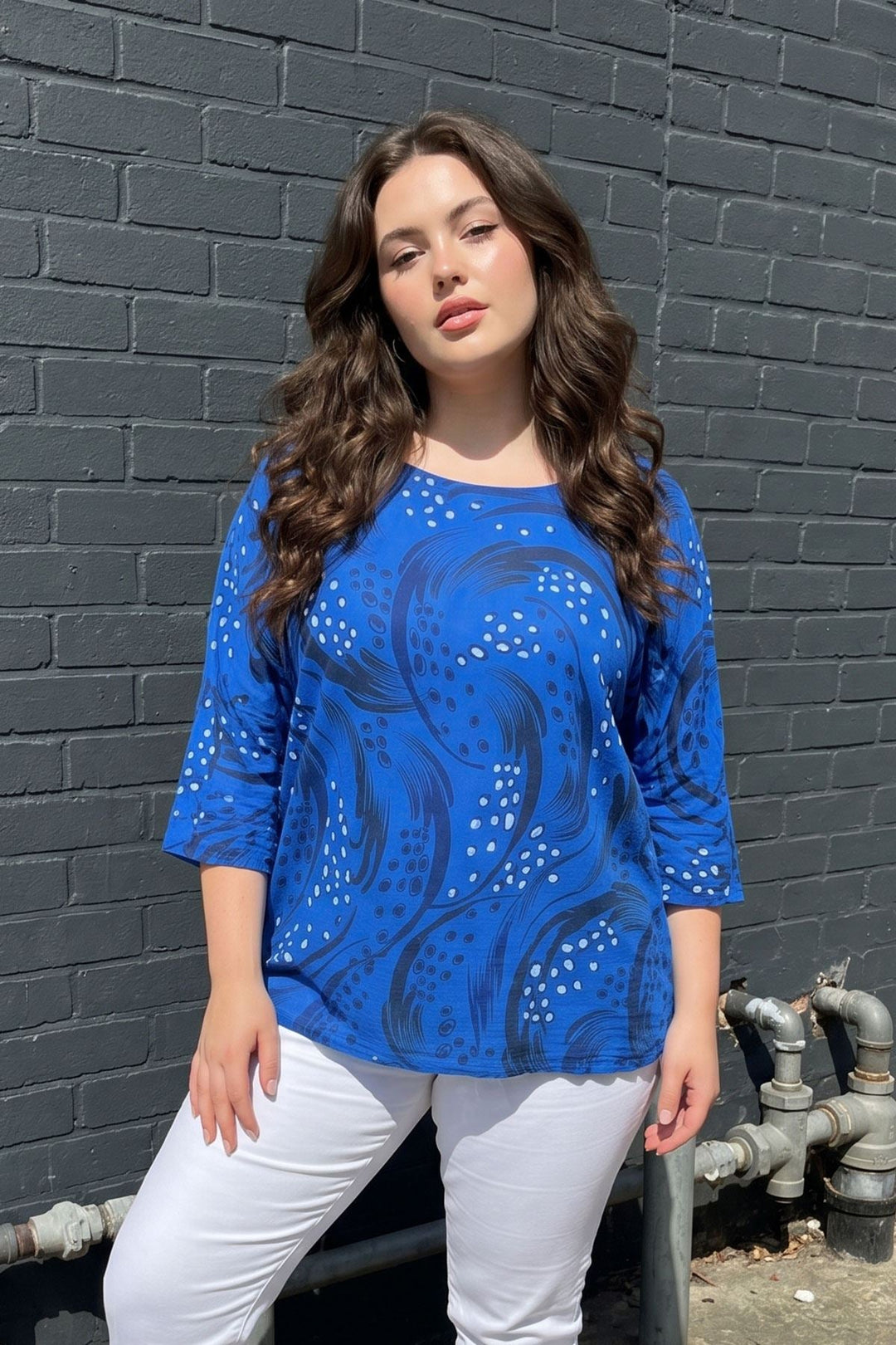 Abstract Print Oversized Tunic Cotton Top for Women - Royal Blue