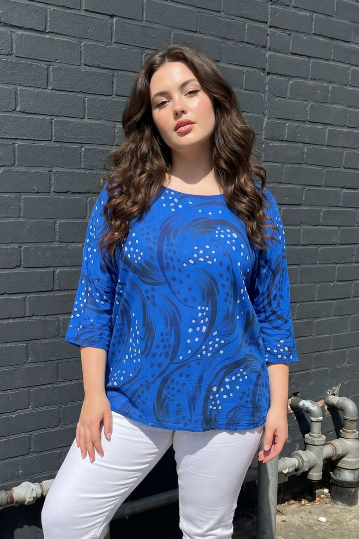 Abstract Print Oversized Tunic Cotton Top for Women - Royal Blue
