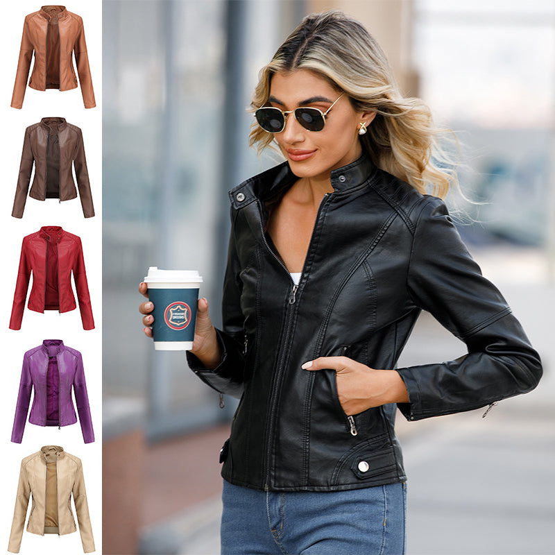 Collarless Biker Jacket in Genuine Leather for Women