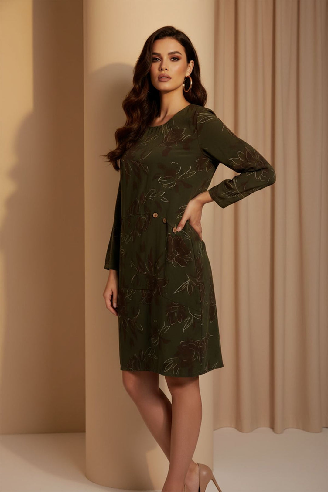 Floral Print Curved Hemline Side Slit Cotton Dress — Khaki