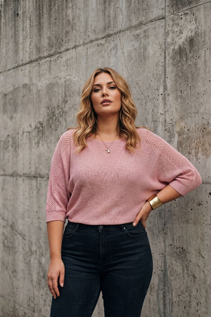 Plain Knitted Batwing Tunic Cotton Top — Dusty Pink