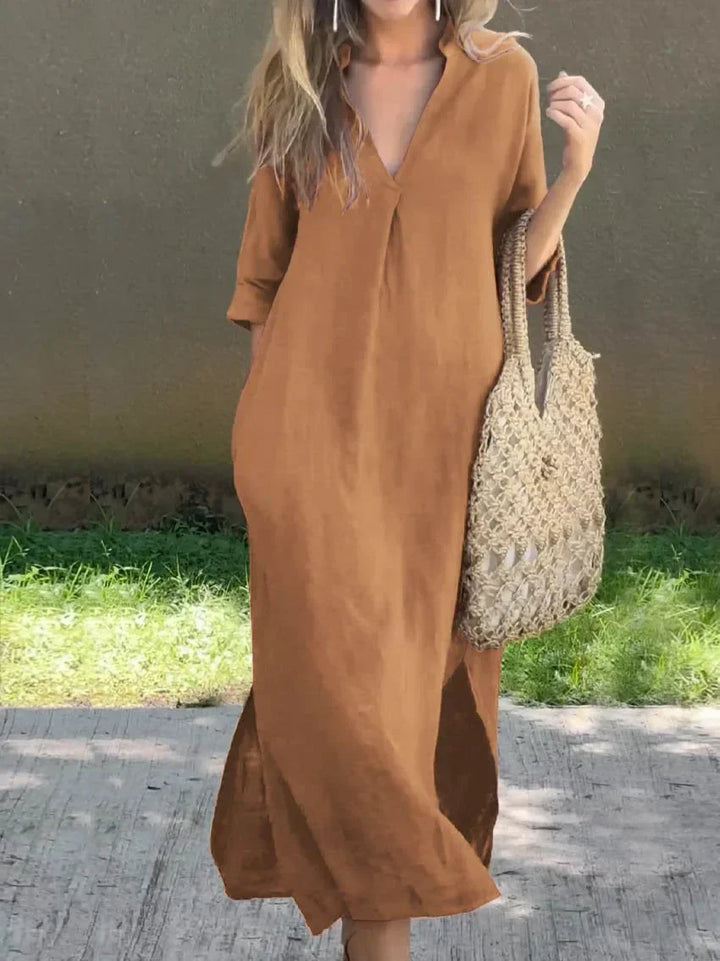 V-Neck Cotton Dress with Built-In Pockets for Women