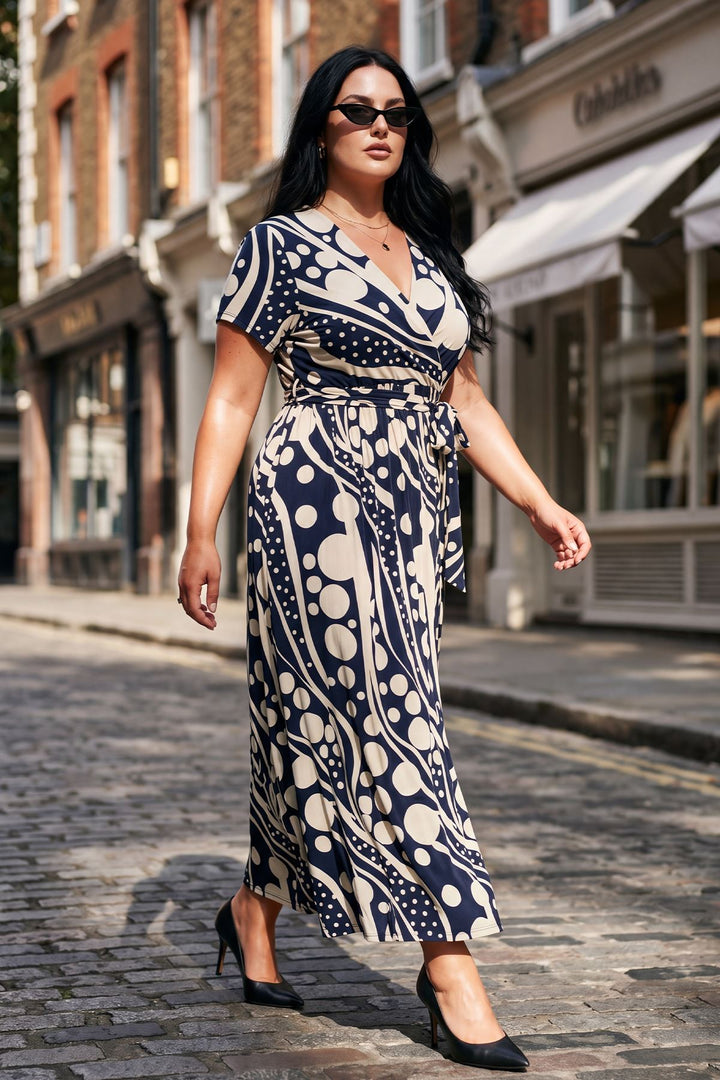 Multiple Abstract Print Wrap Over Belted Dress — Print 3