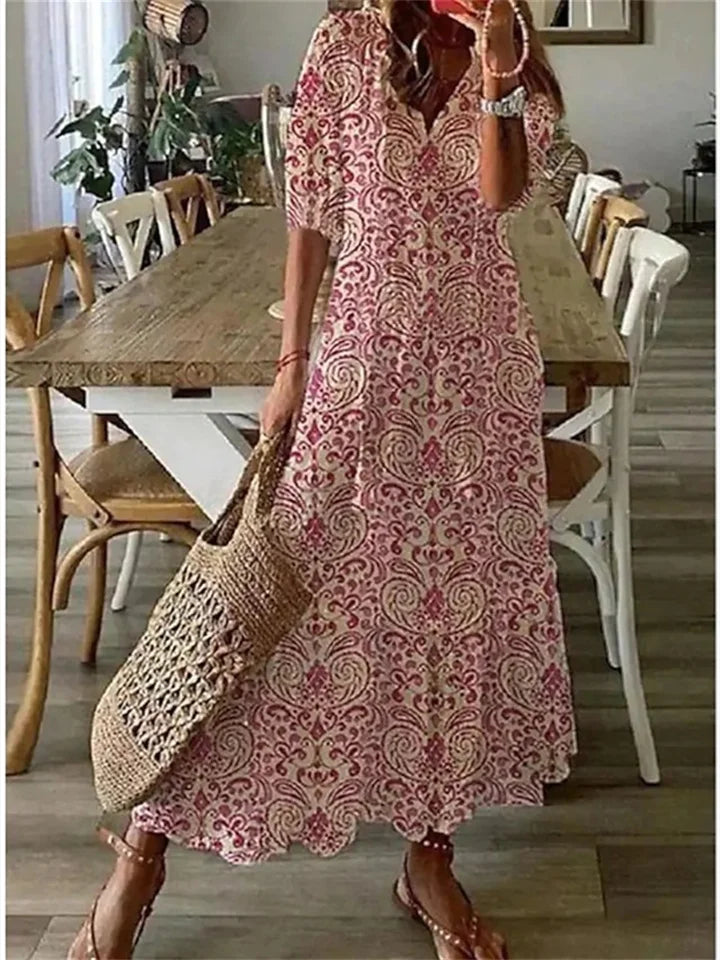 Floral V-Neck Maxi Dress with a Fluid Skirt for Women