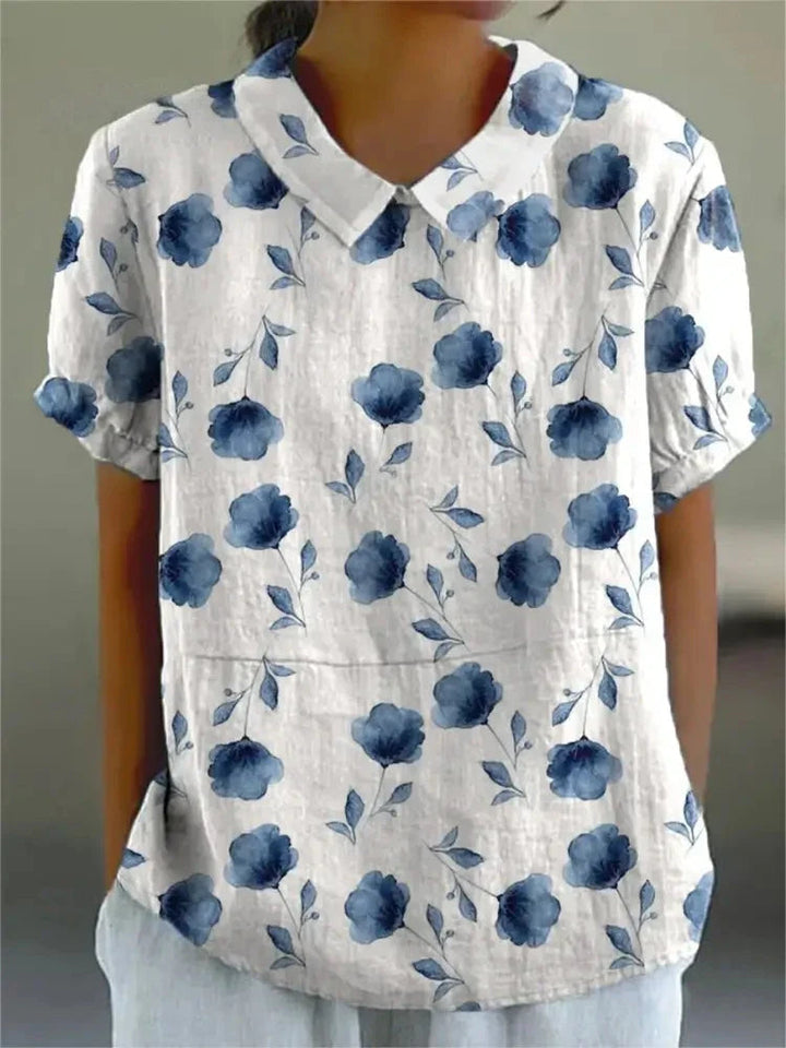 Short-Sleeve Floral Print Cotton Blouse for Women