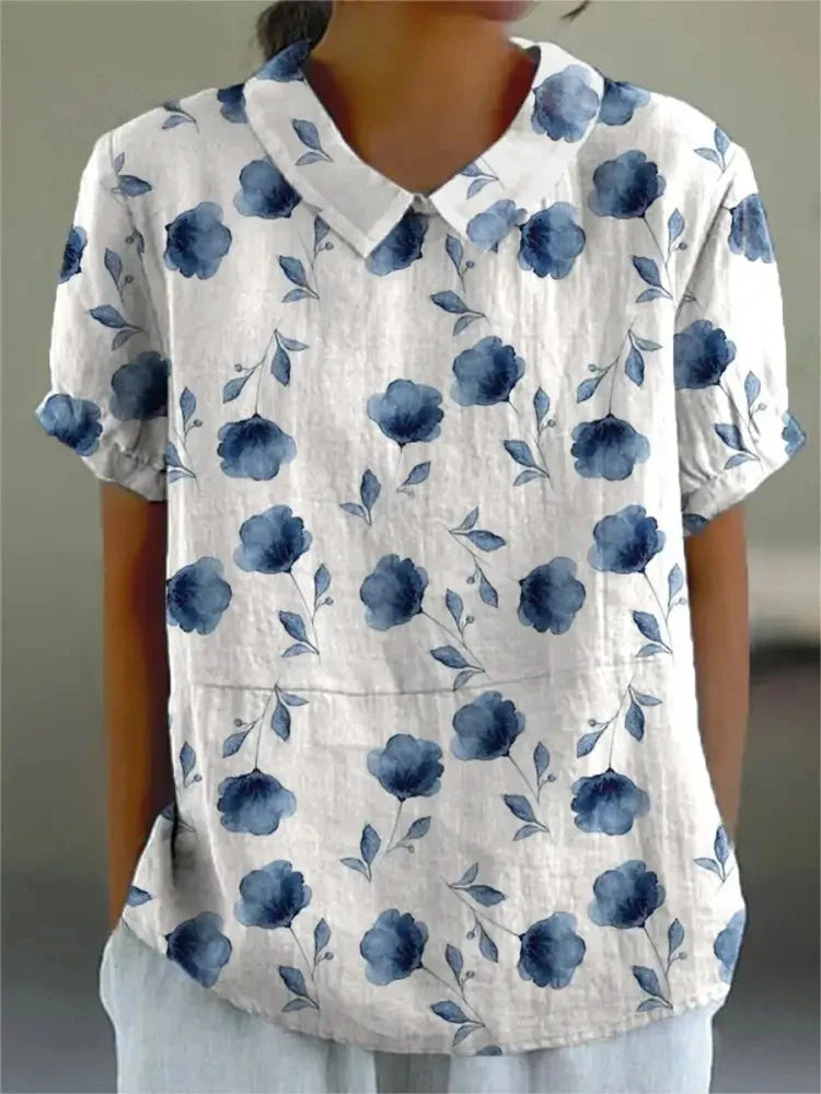Short-Sleeve Floral Print Cotton Blouse for Women