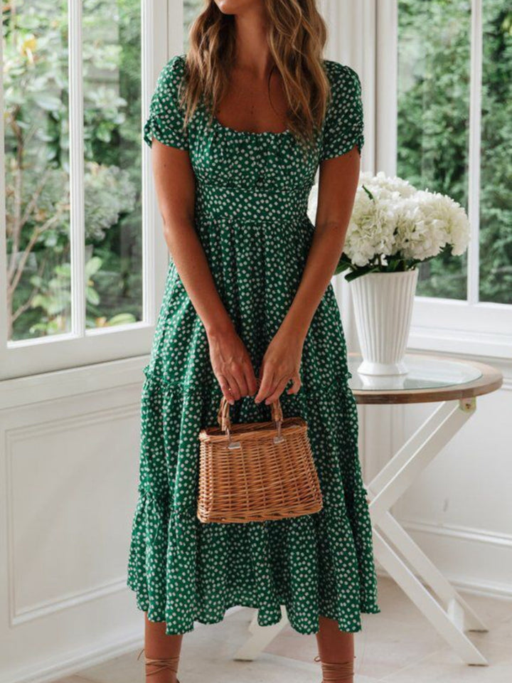 Printed Square Neck Short Sleeve Midi Dress for Women - gallery