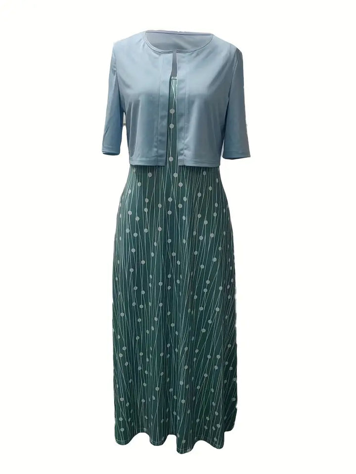 Floral Two-Piece Set with Crop Top and Round Neck Dress