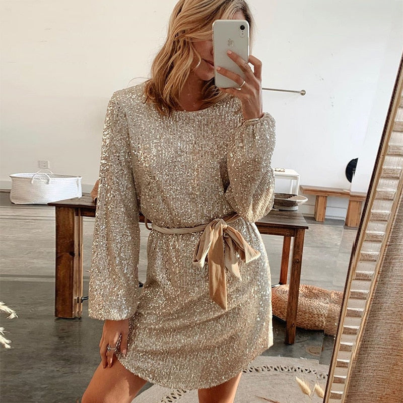 Beige Glitter Evening Gown for Special Occasions