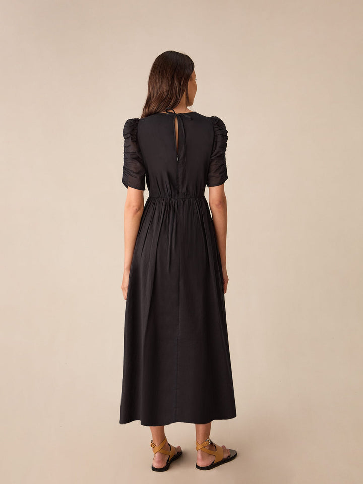 Black Cotton Puff Sleeve Midi Dress — gallery
