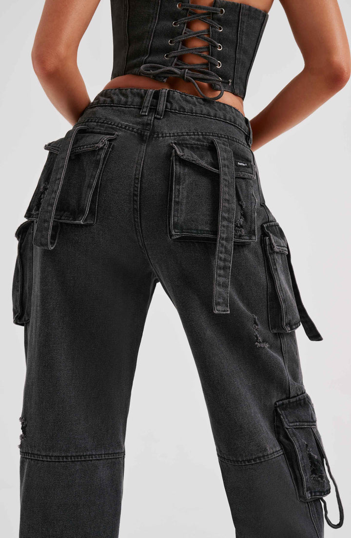Denim Cargo Trousers with Side Pocket Detail for Women
