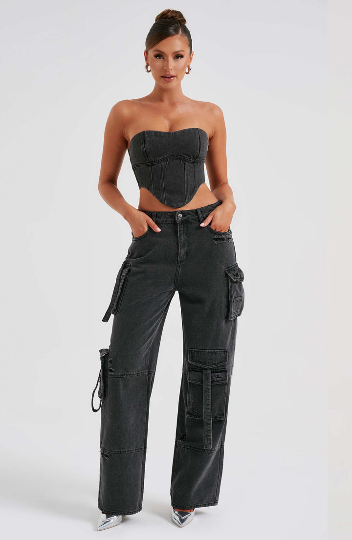 Denim Cargo Trousers with Side Pocket Detail for Women