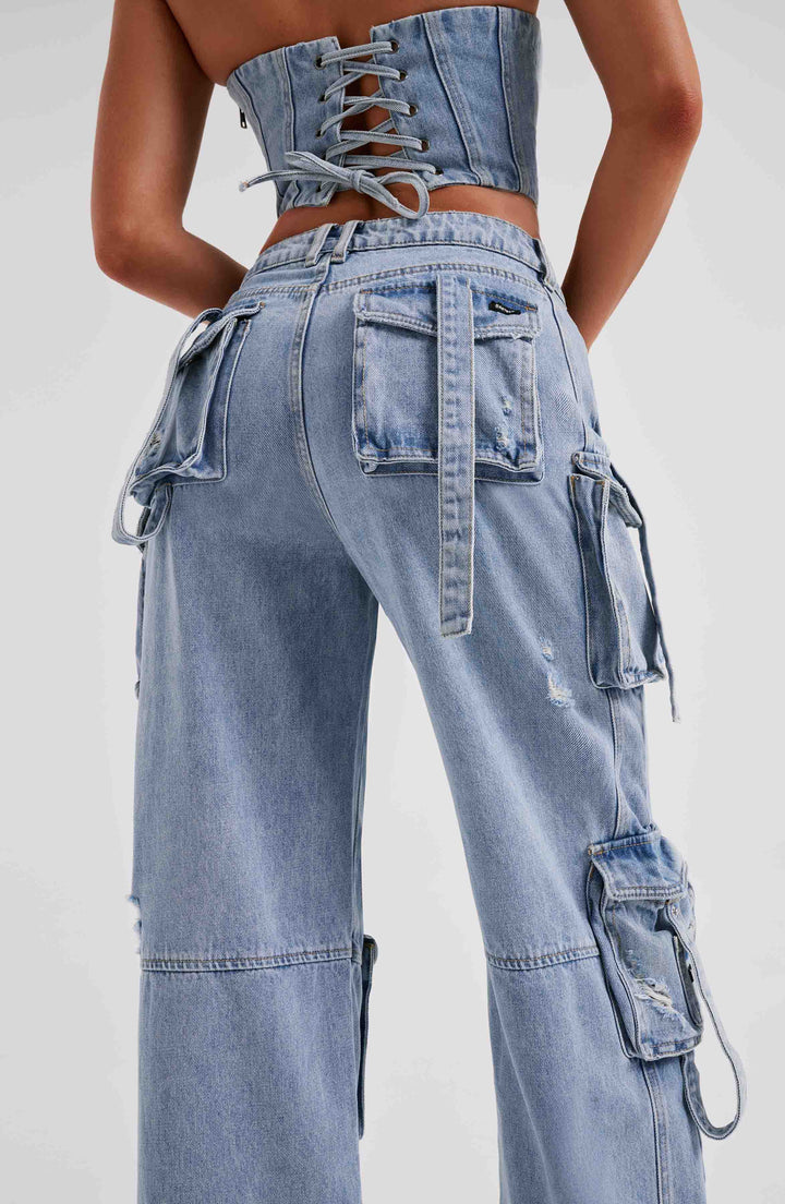Denim Cargo Trousers with Side Pocket Detail for Women
