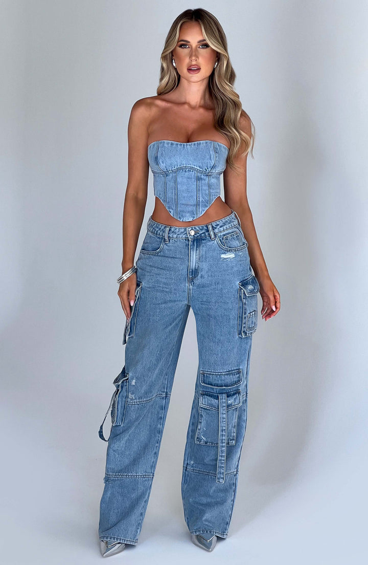 Denim Cargo Trousers with Side Pocket Detail for Women