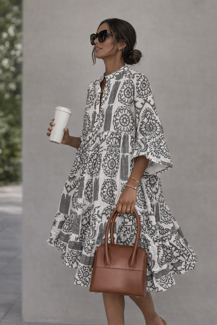Solara - Bohemian V-Neck Print Midi Dress for Women