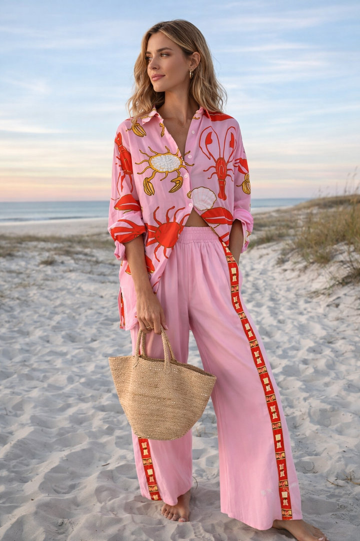 Summer Print Button-Up Shirt and Wide-Leg Trousers Set