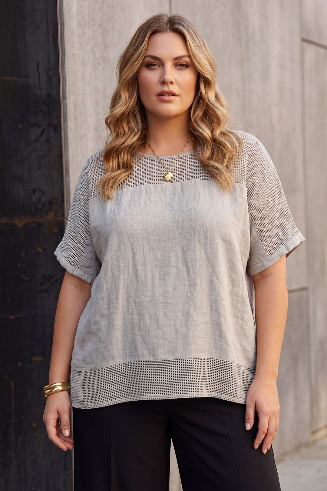 Textured Mesh Panel Tunic Cotton Top — Beige